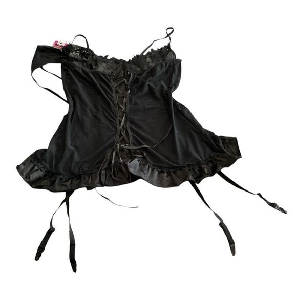 Lovely Lies Black Lace Up Corset Garters G String Lingerie 1X-2X - Picture 4 of 9